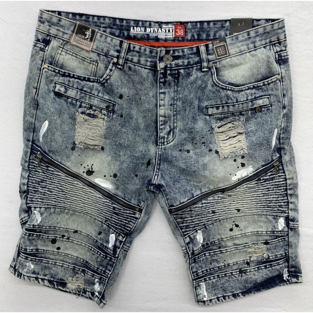 Lion Dynasty Mens Premium Denim Shorts Sz 38 Blue Factory Destroyed paint splash